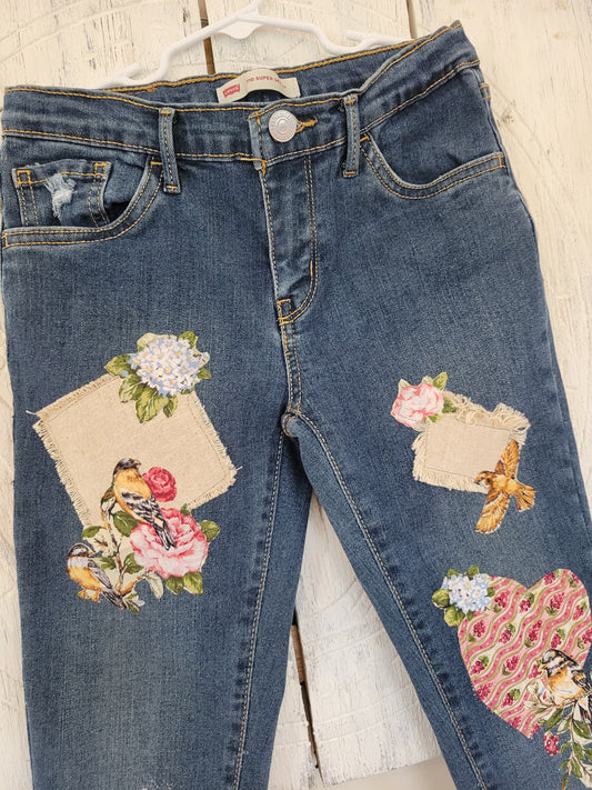 Upcycled Denin Jeans with Hearts, Flowers & Birds