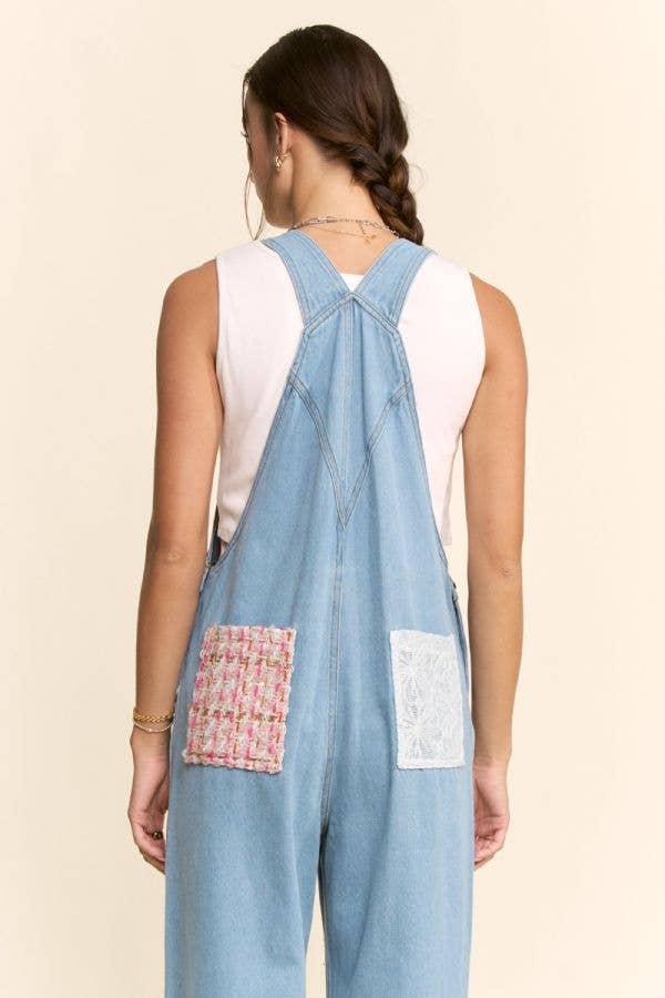 LACE & TWEED PATCHWORK DENIM OVERALL JUMPSUIT: Light Denim