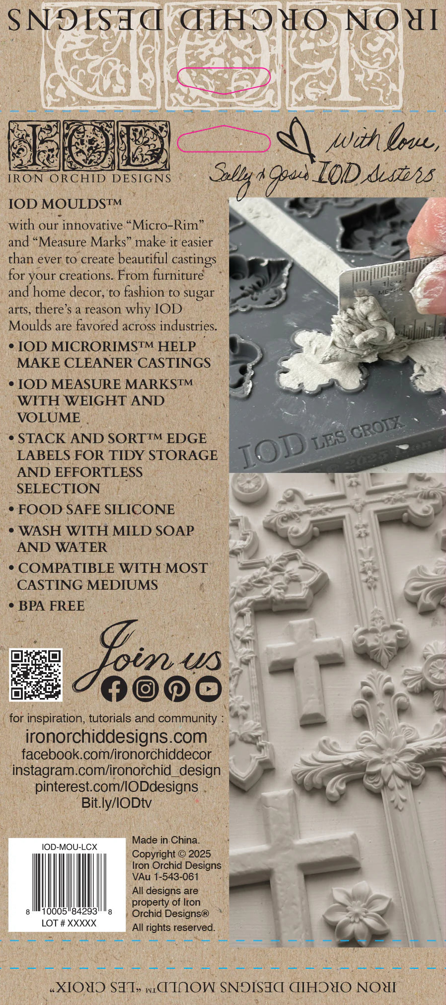 Iron Orchid Designs product packaging with text and images of decorative items.
