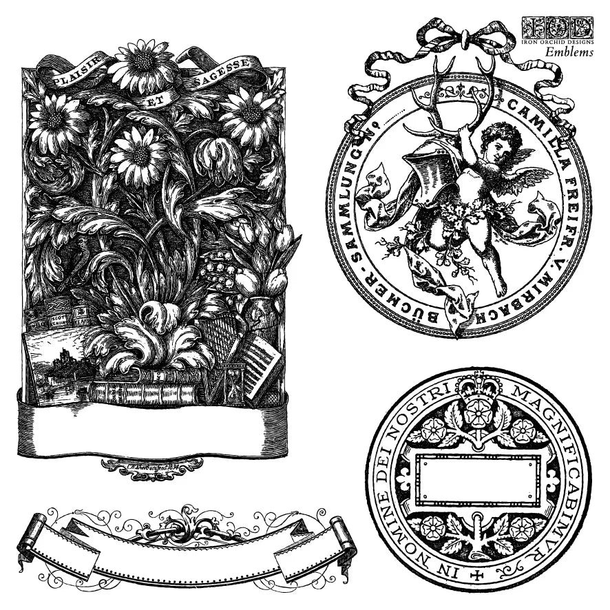 Decorative black and white emblems and seals with floral and heraldic designs.