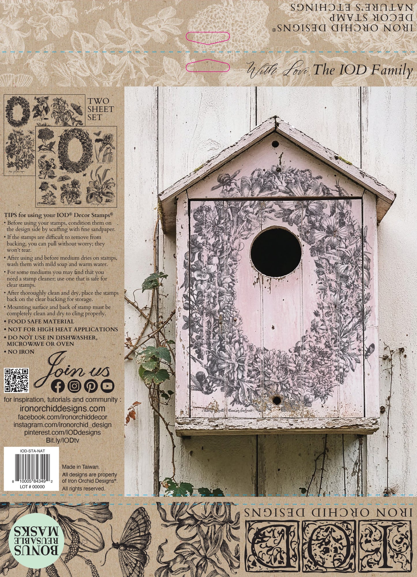 Decorative birdhouse with floral design on a wooden background, featuring IOD (In Orchards Designs) branding.