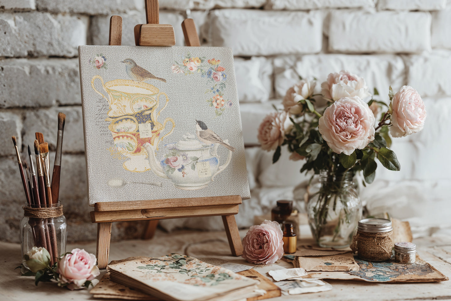 Artistic setup with a painting of teacups on an easel, surrounded by flowers and art supplies.
