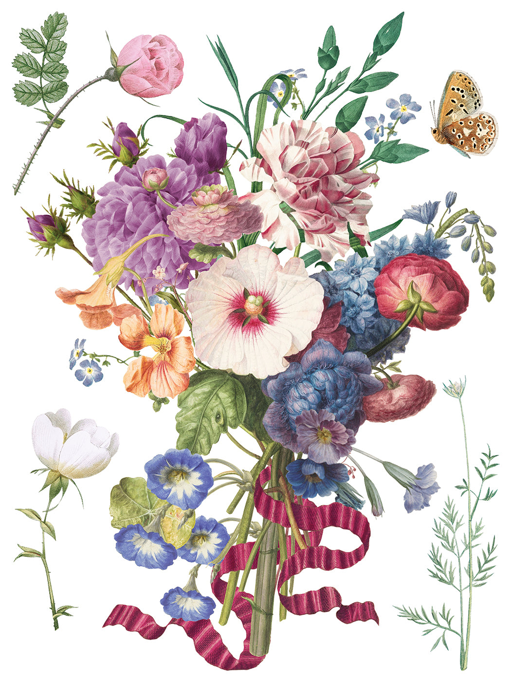 Colorful bouquet of flowers with ribbons on a white background