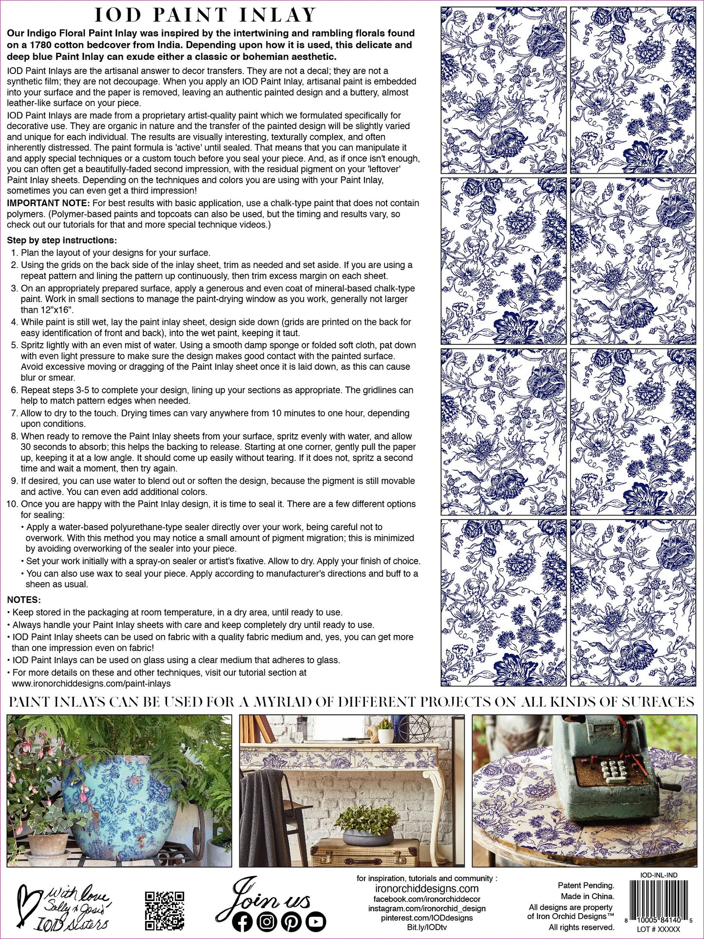 Indigo Floral IOD Paint Inlay 12x16 Pad