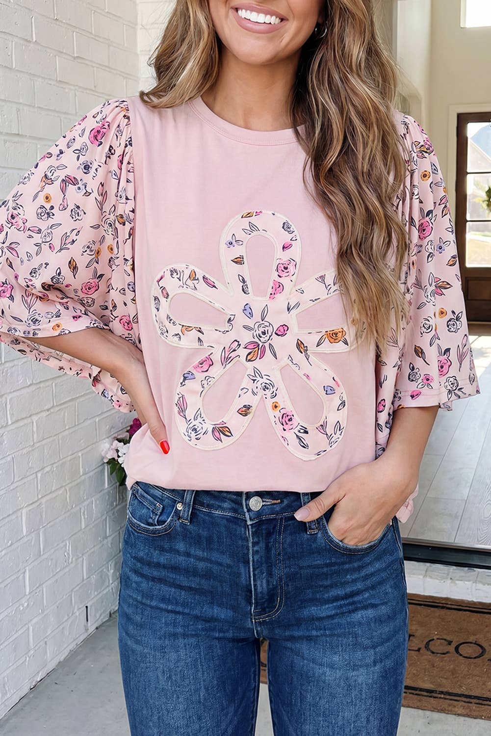 LAS Floral Patchwork Flowy Sleeve Blouse