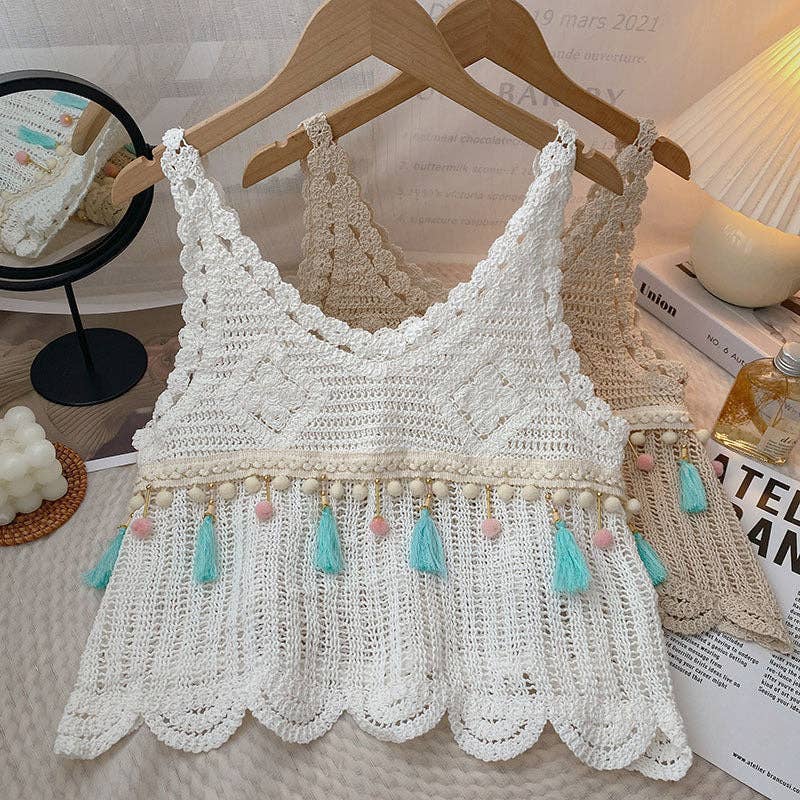 Vintage Fringe Hollow-Out Sleeveless Knit Vest: BEIGE / AVERAGE