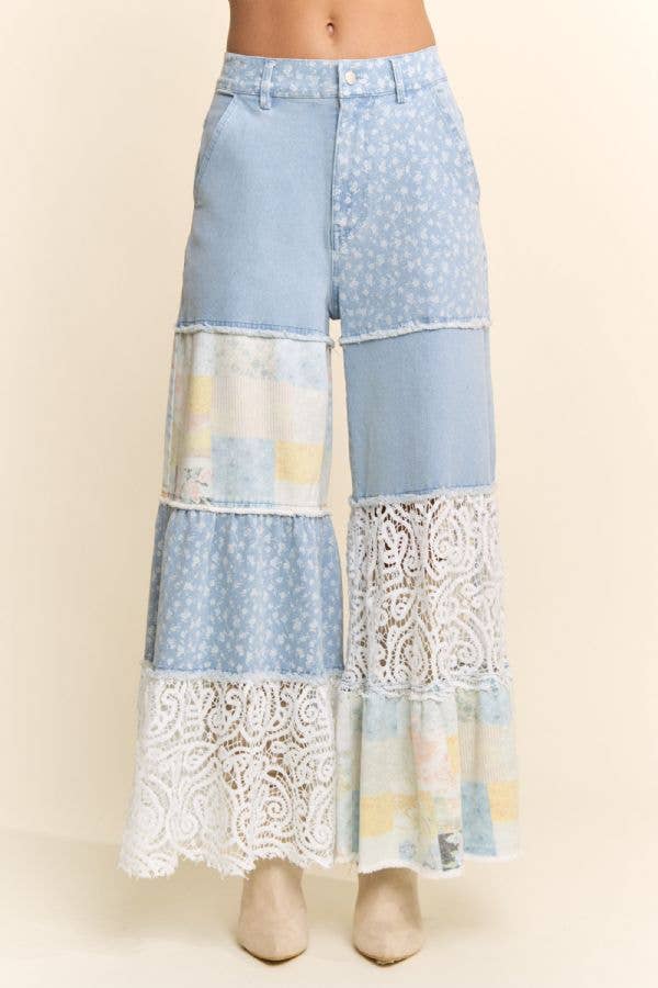 Floral Denim & Lace Patchwork Wide-Leg Pants: Black Denim Multi
