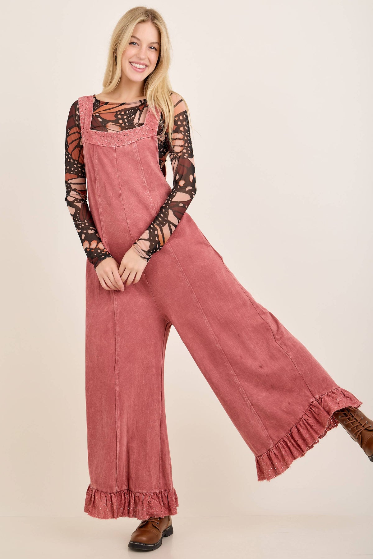 Mineral Washed Eyelet Bow Ruffle Jumpsuit Moss Green