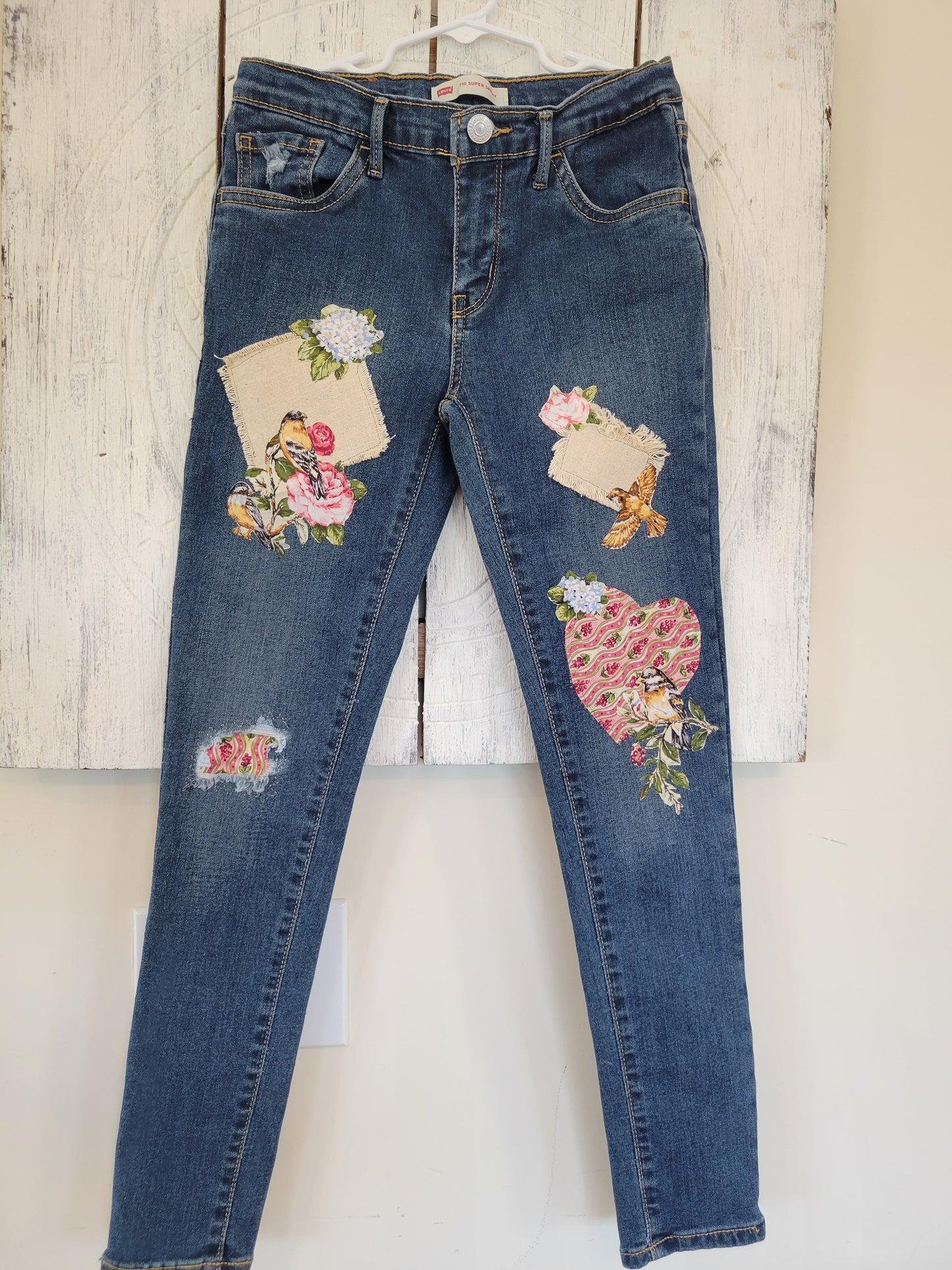 Upcycled Denin Jeans with Hearts, Flowers & Birds