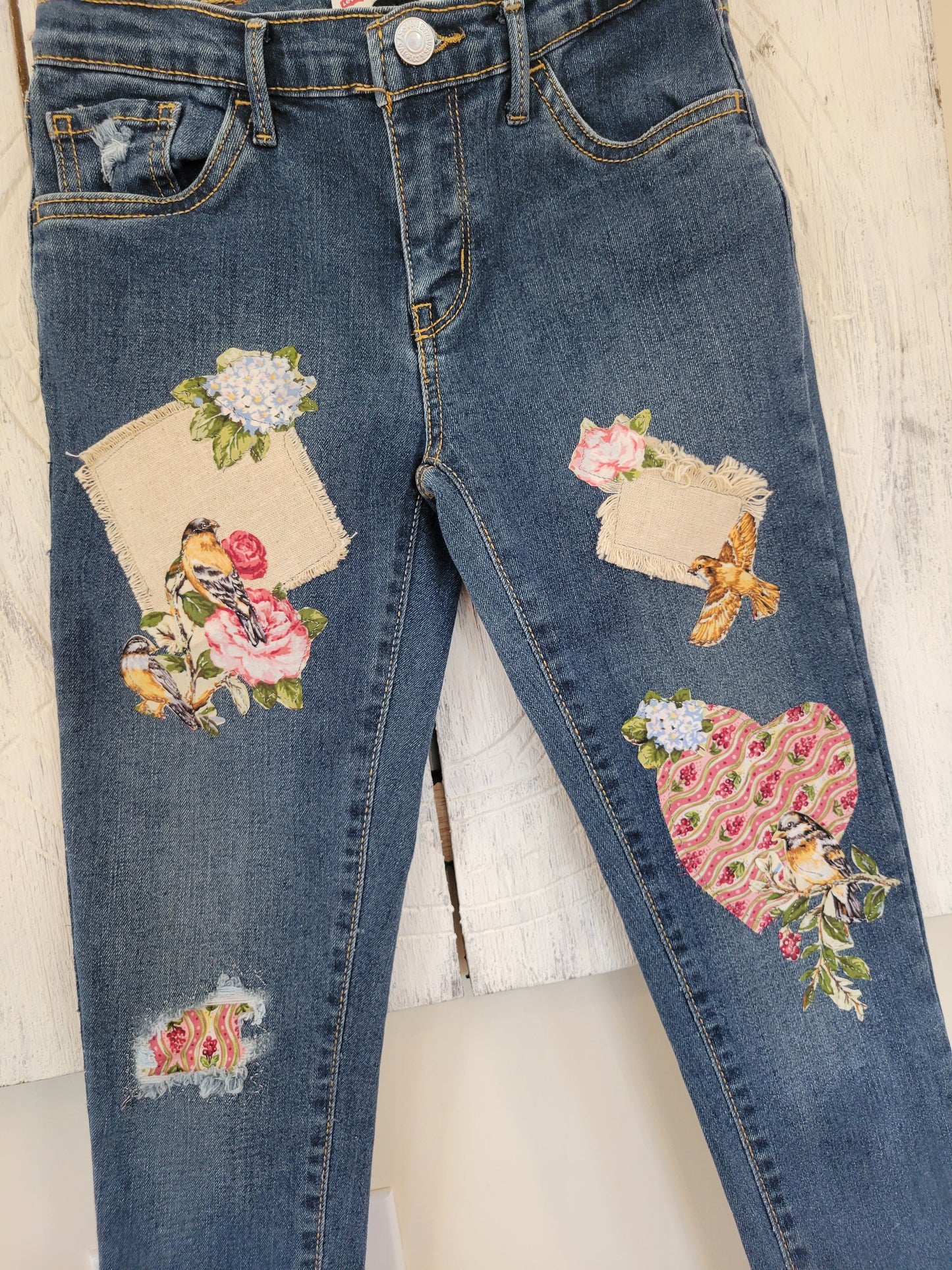 Upcycled Denin Jeans with Hearts, Flowers & Birds