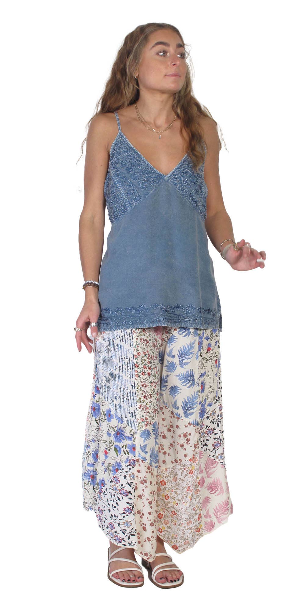 Capri Palazzo Pants in Patchwork Printed Rayon: Ivory