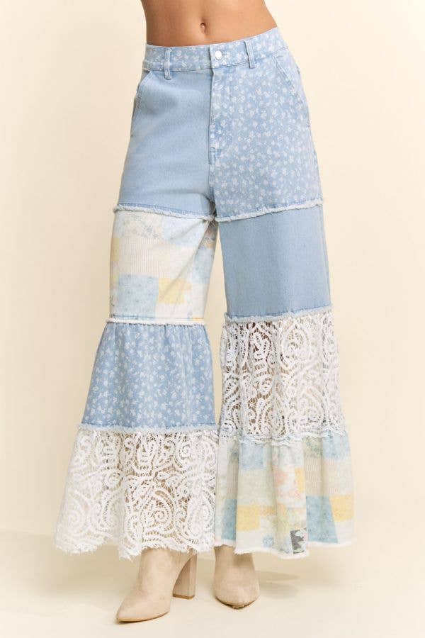 Floral Denim & Lace Patchwork Wide-Leg Pants: Black Denim Multi