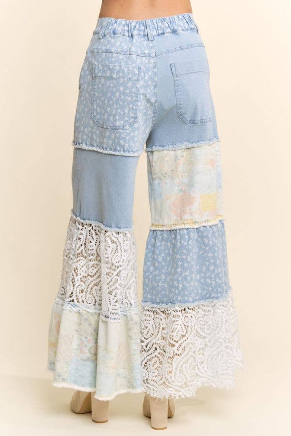 Floral Denim & Lace Patchwork Wide-Leg Pants: Black Denim Multi