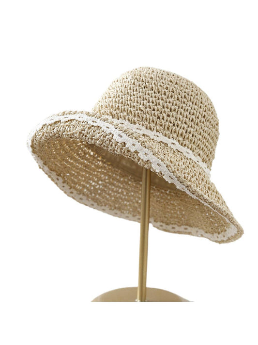 Haila - Soft Straw Look Lace Edge Bucket Hat: Beige