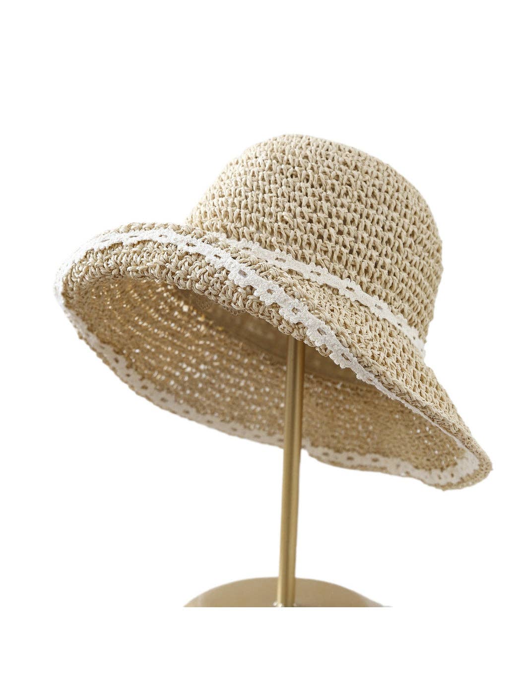 Haila - Soft Straw Look Lace Edge Bucket Hat: Khaki