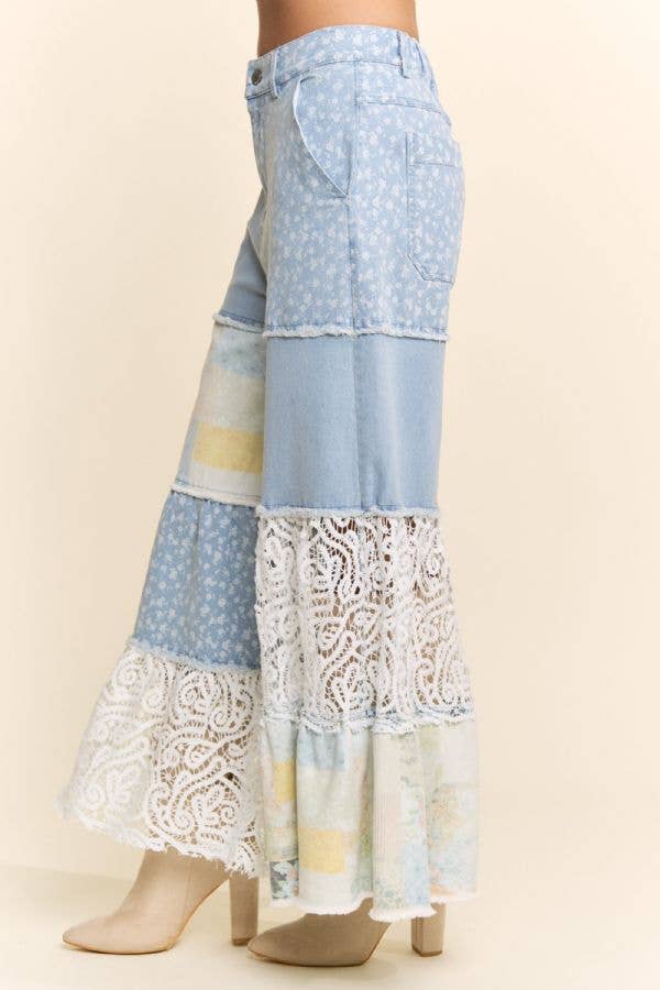 Floral Denim & Lace Patchwork Wide-Leg Pants: Black Denim Multi