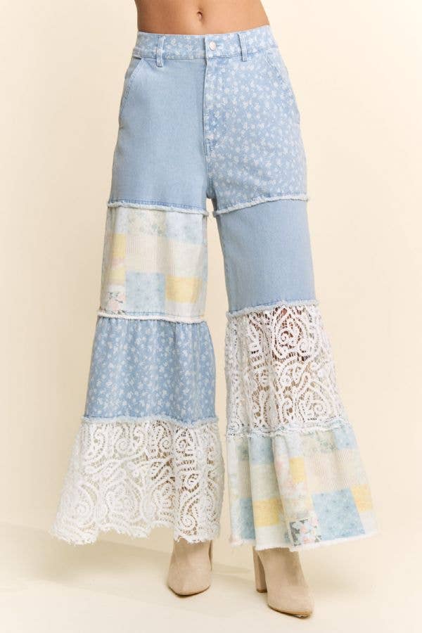 Floral Denim & Lace Patchwork Wide-Leg Pants: Black Denim Multi