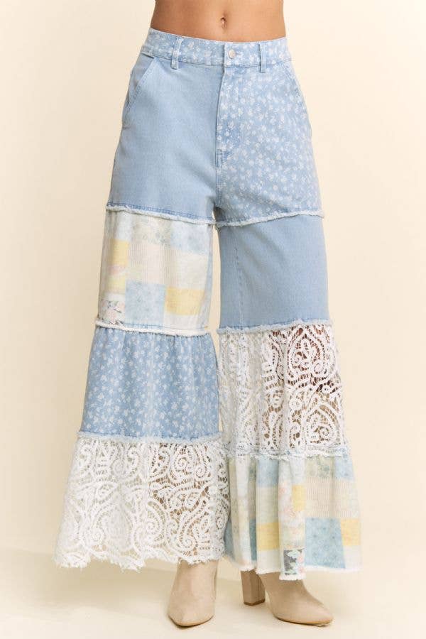 Floral Denim & Lace Patchwork Wide-Leg Pants: Black Denim Multi