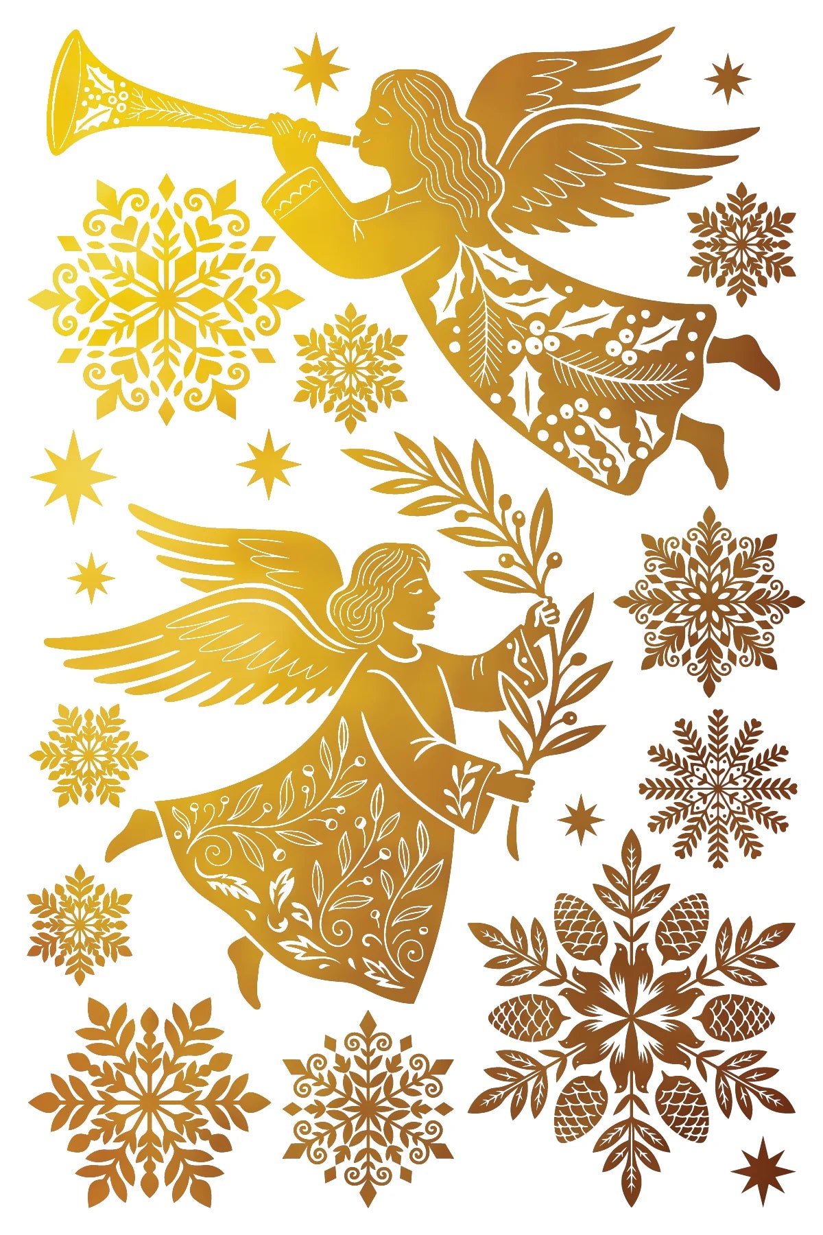 A festive graphic design featuring two gold-toned angels with wings, surrounded by intricate gold snowflakes and star motifs on a white background.