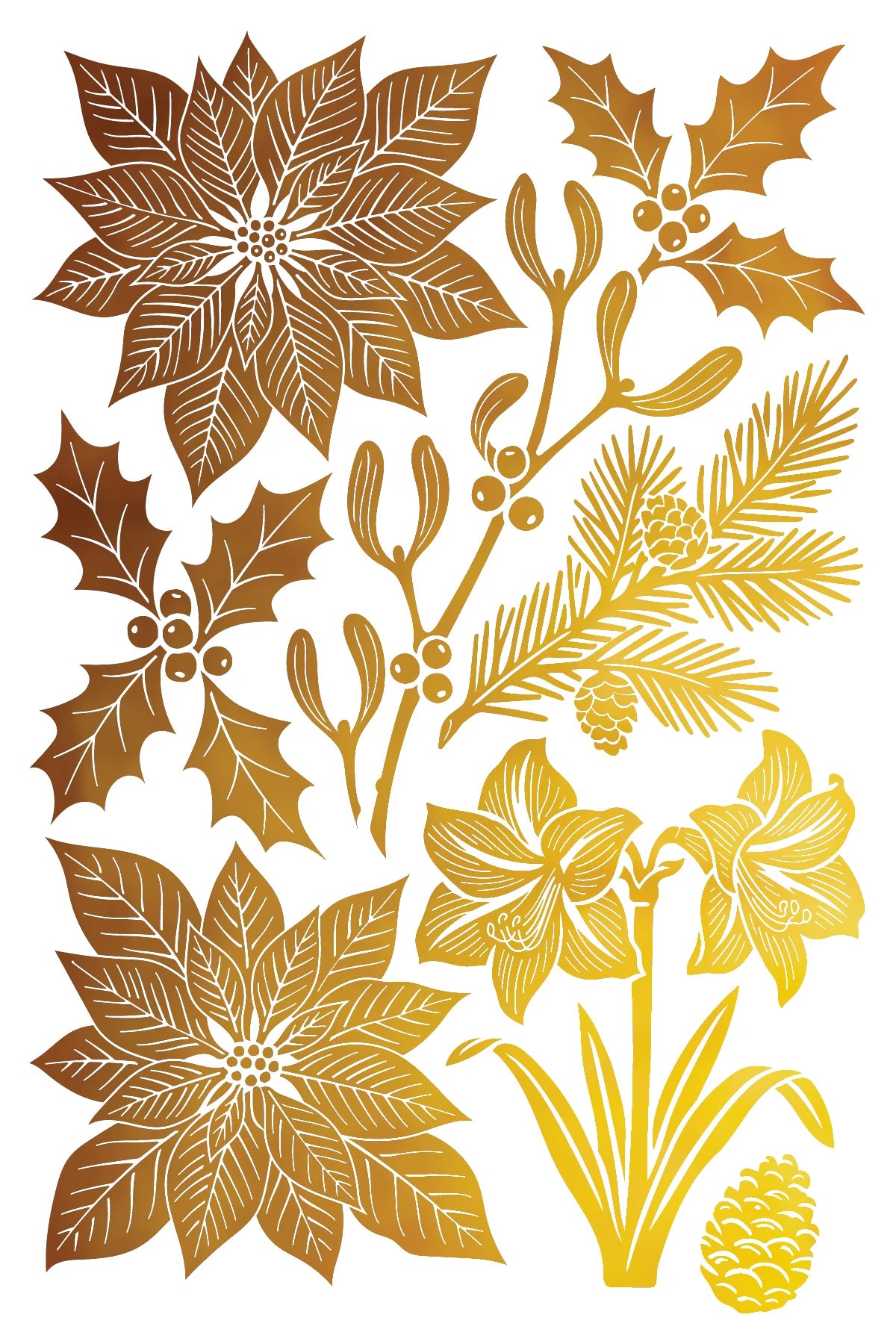 A botanical holiday graphic featuring gold and bronze-toned illustrations of winter plants on a white background, including poinsettias, mistletoe, holly, pine branches, daffodils, and a pinecone.