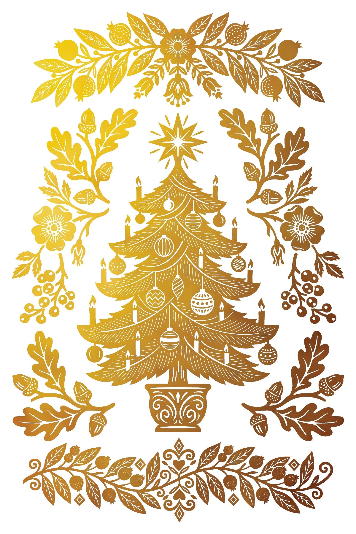 A decorative gold-toned Christmas tree illustration framed by ornate floral and leaf garlands on a white background.