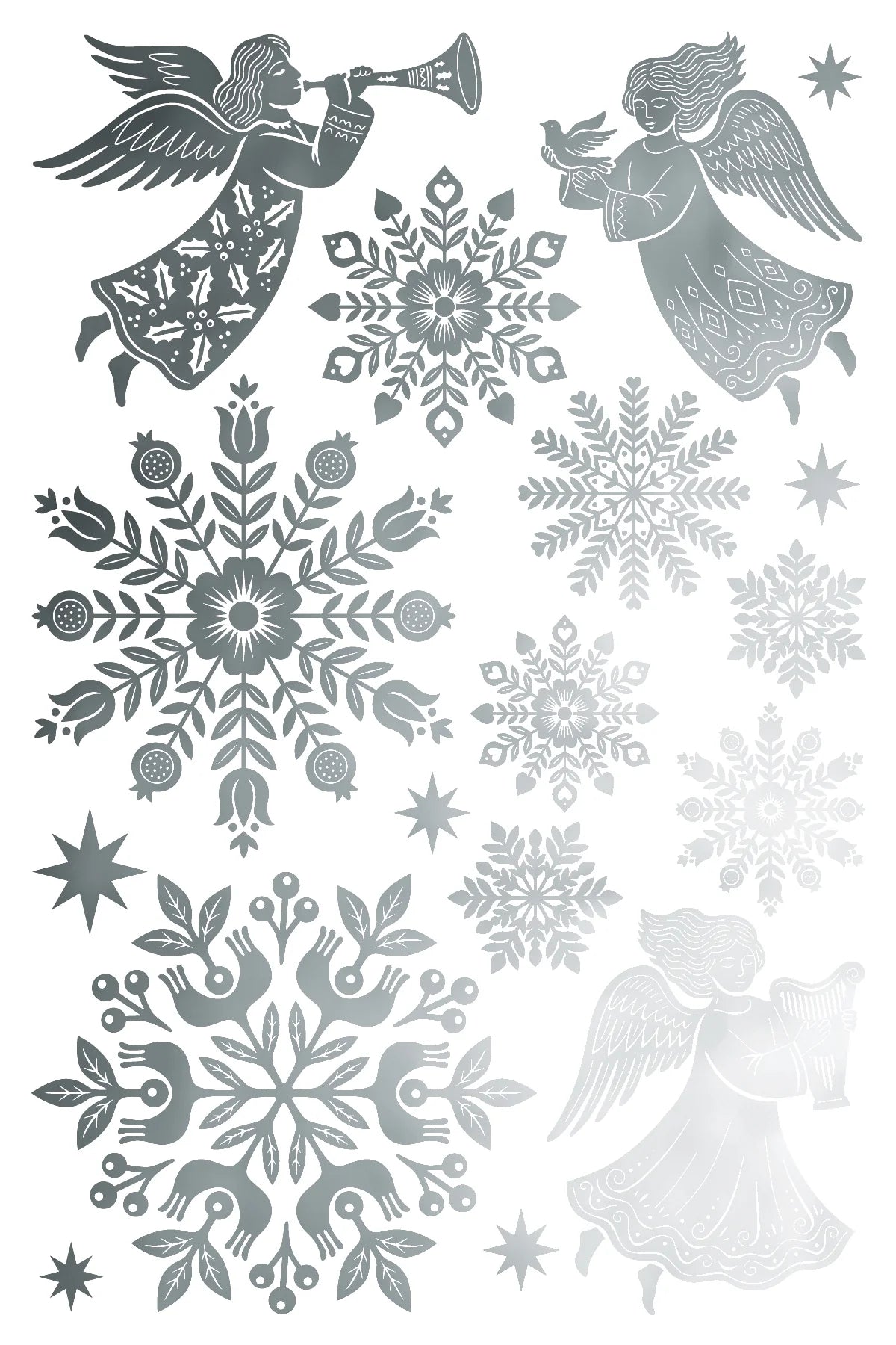 A sheet of silver holographic foil stickers featuring Christmas designs, including two angels, snowflakes, and stars, arranged on a white background.