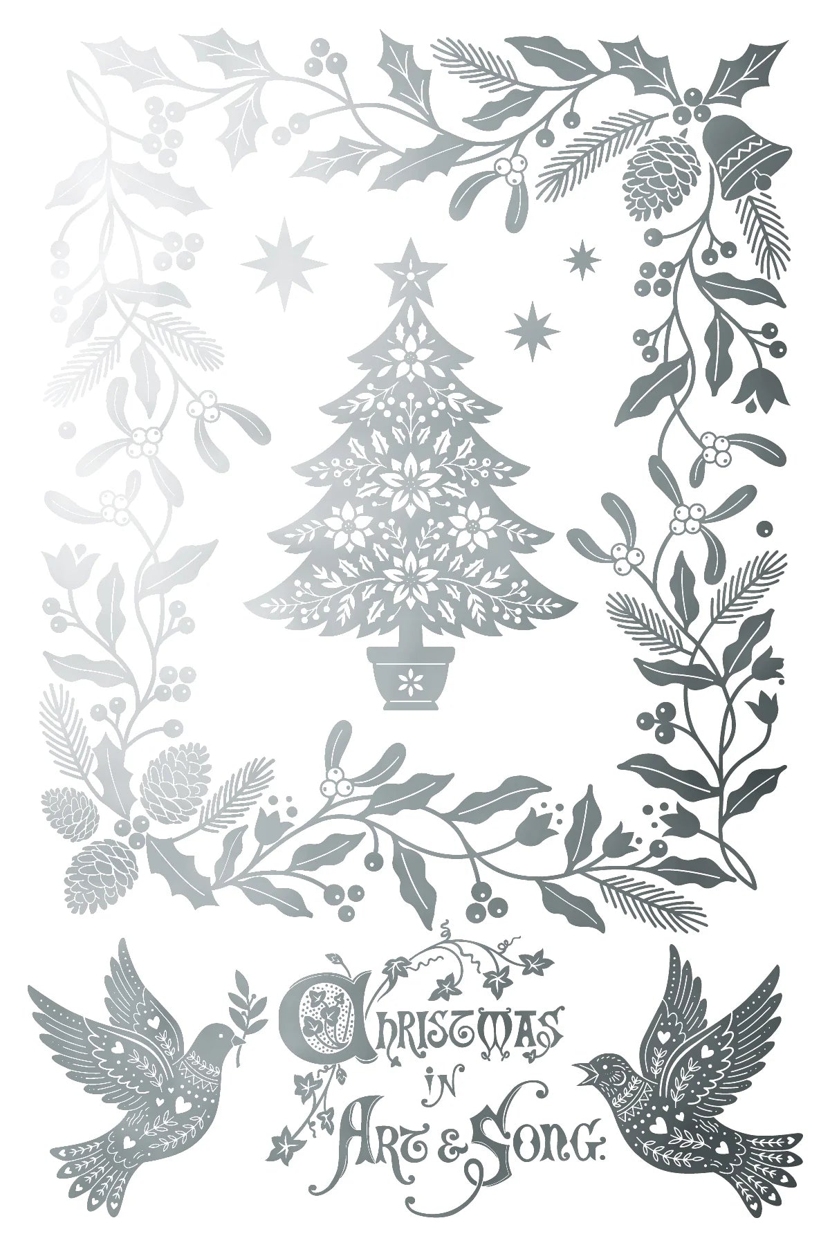 A decorative Christmas-themed graphic with a central stylized tree, holly leaves, pinecones, berries, two birds, and the phrase 'Christmas in Art & Song' in ornate script on a white background.