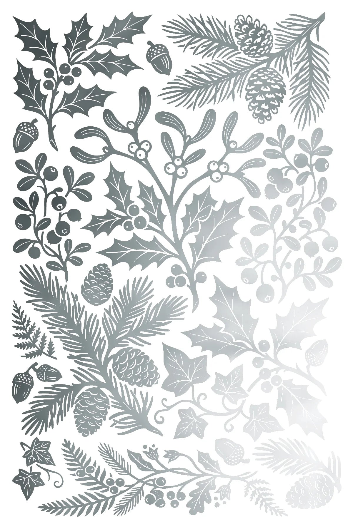 A sheet of silver metallic foil stamps featuring various winter botanical designs, including mistletoe, holly leaves, pine branches, acorns, and ivy, arranged on a white background.