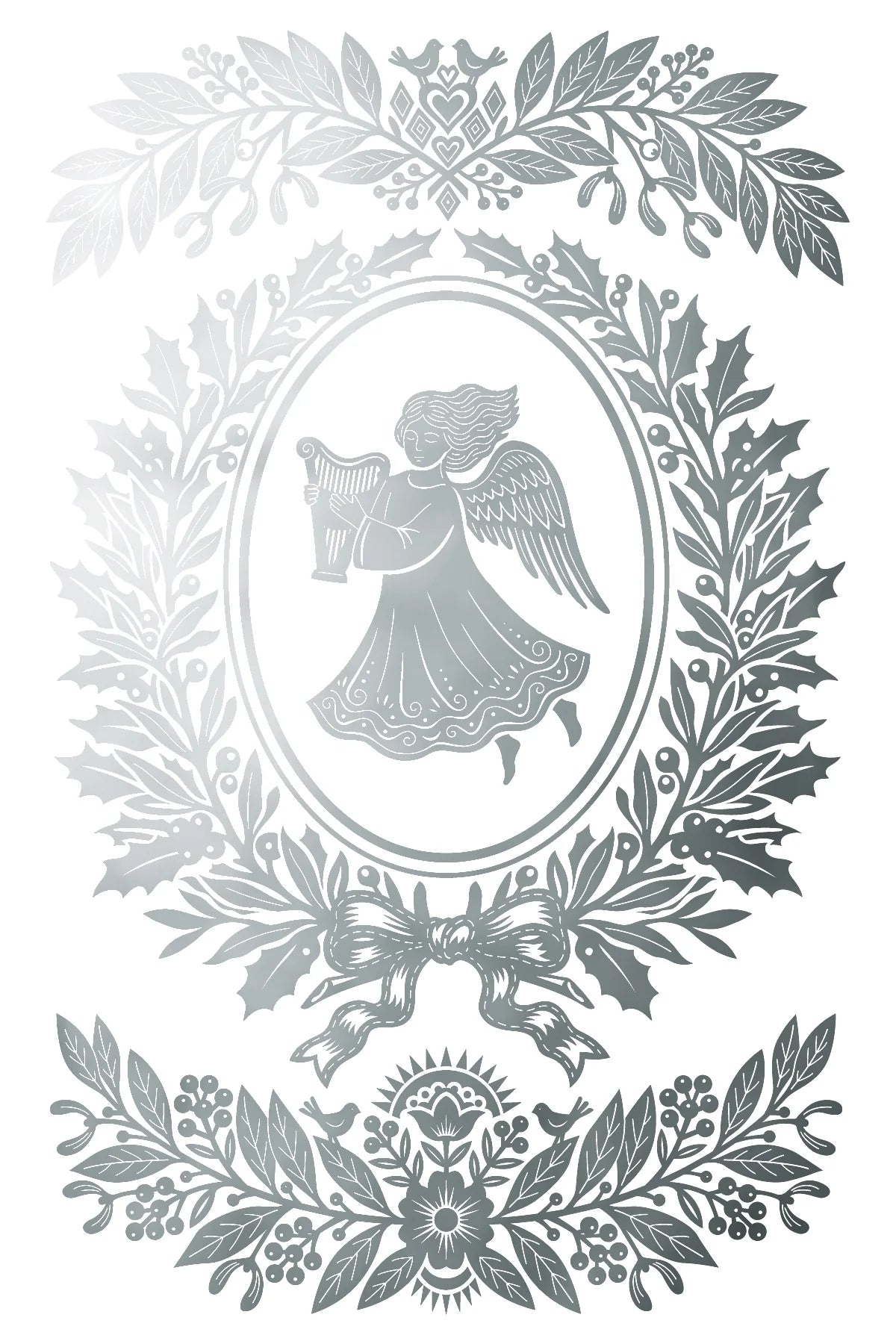 A monochrome silver-toned decorative graphic featuring a central oval with an angel figure surrounded by ornate leafy wreaths and floral motifs on a white background.