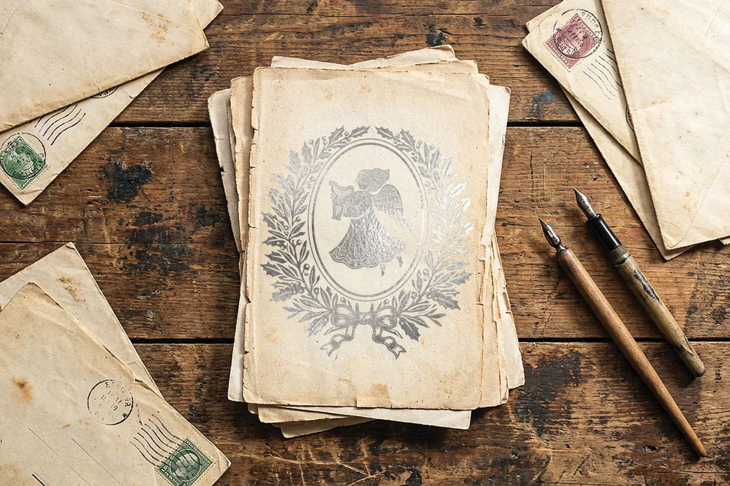 A stack of vintage aged paper letters with a central stamp featuring an angel silhouette, displayed on a rustic wooden table alongside old envelopes and two fountain pens.