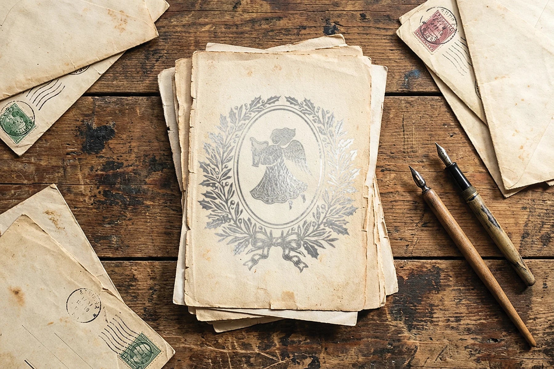 A stack of vintage aged paper letters with a central stamp featuring an angel silhouette, displayed on a rustic wooden table alongside old envelopes and two fountain pens.