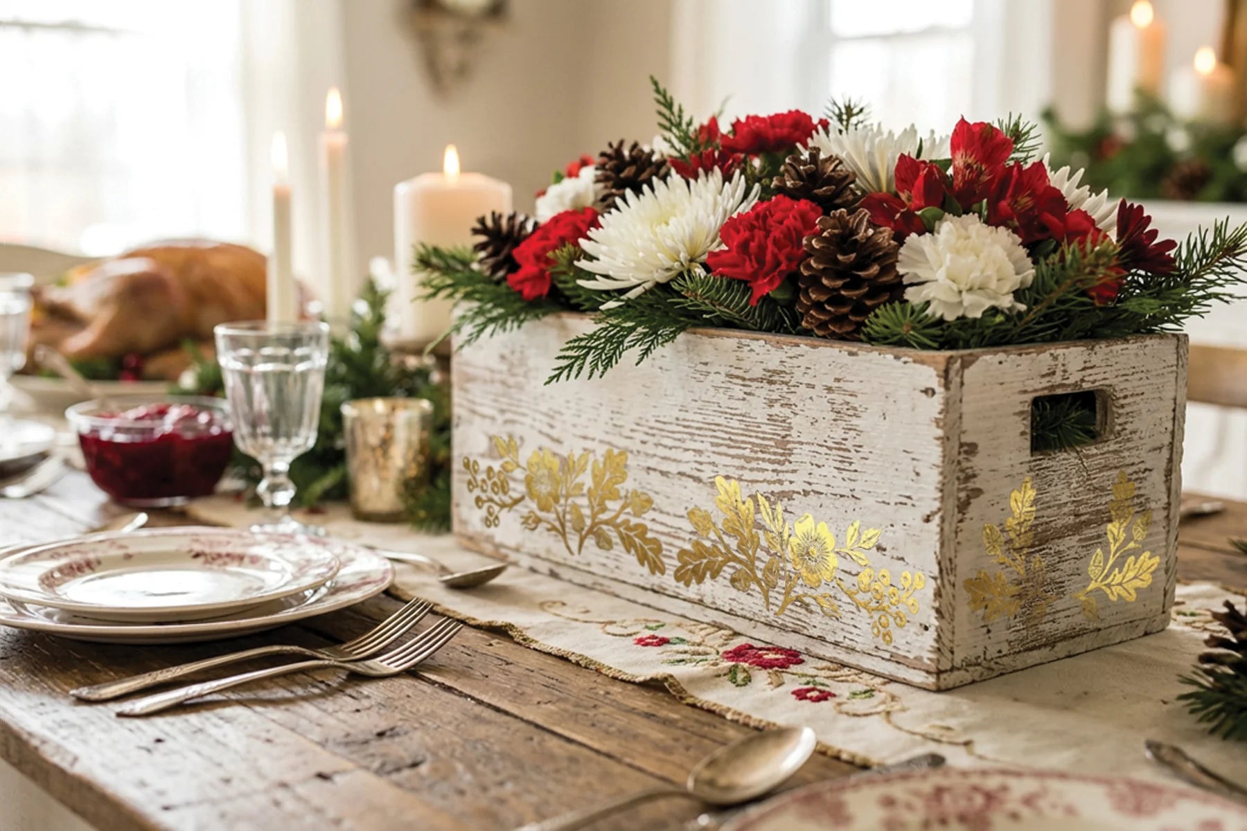 A rustic white wooden box centerpiece decorated with gold leaf patterns, filled with a Christmas floral arrangement of red and white flowers, green pine branches, and pinecones, set on a decorated dining table with candles and plates.