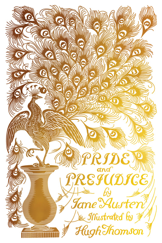 Book cover of 'Pride and Prejudice' with gold peacock feathers and illustration.