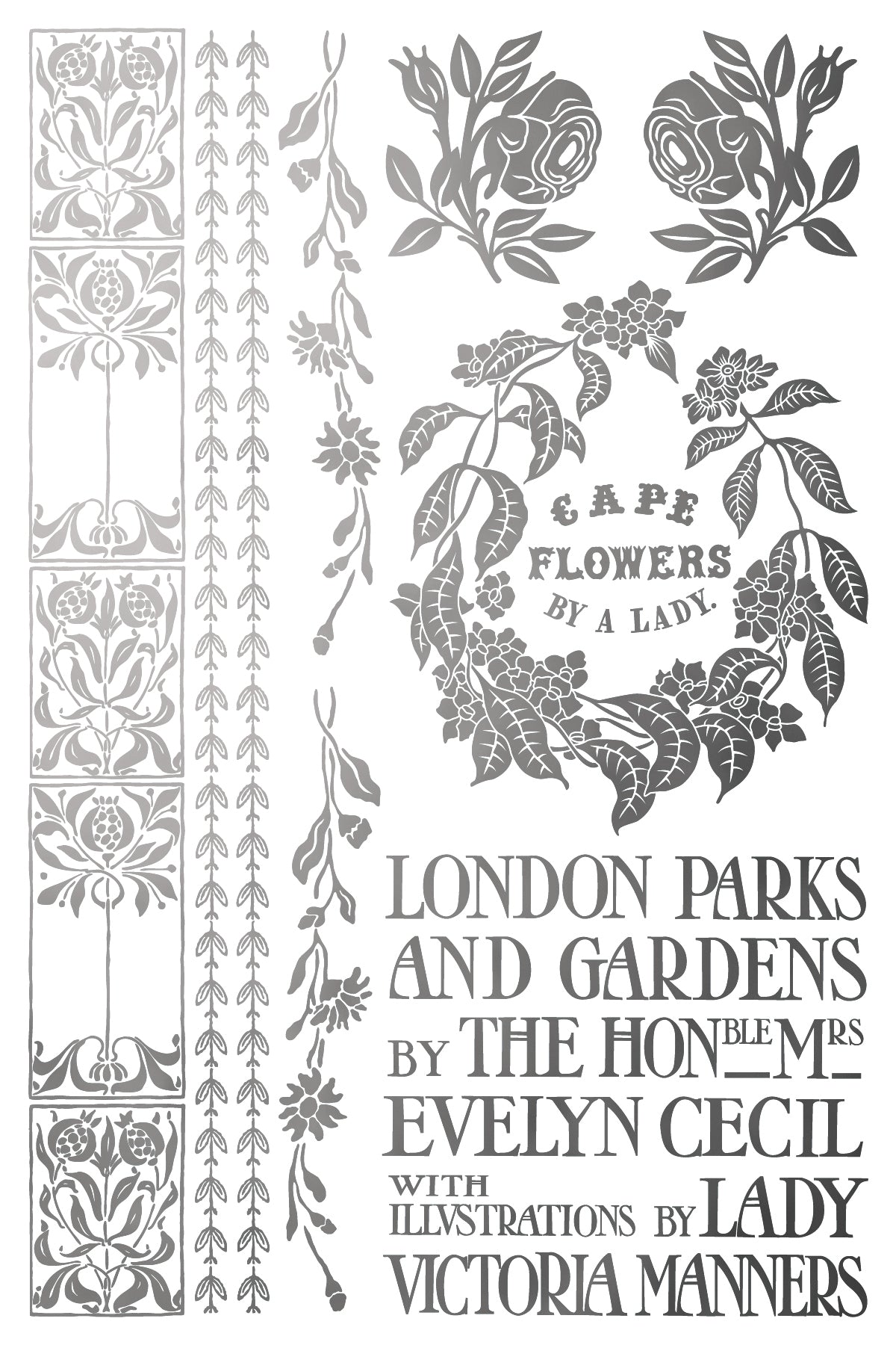 Decorative book cover with floral designs and text about London parks and gardens.