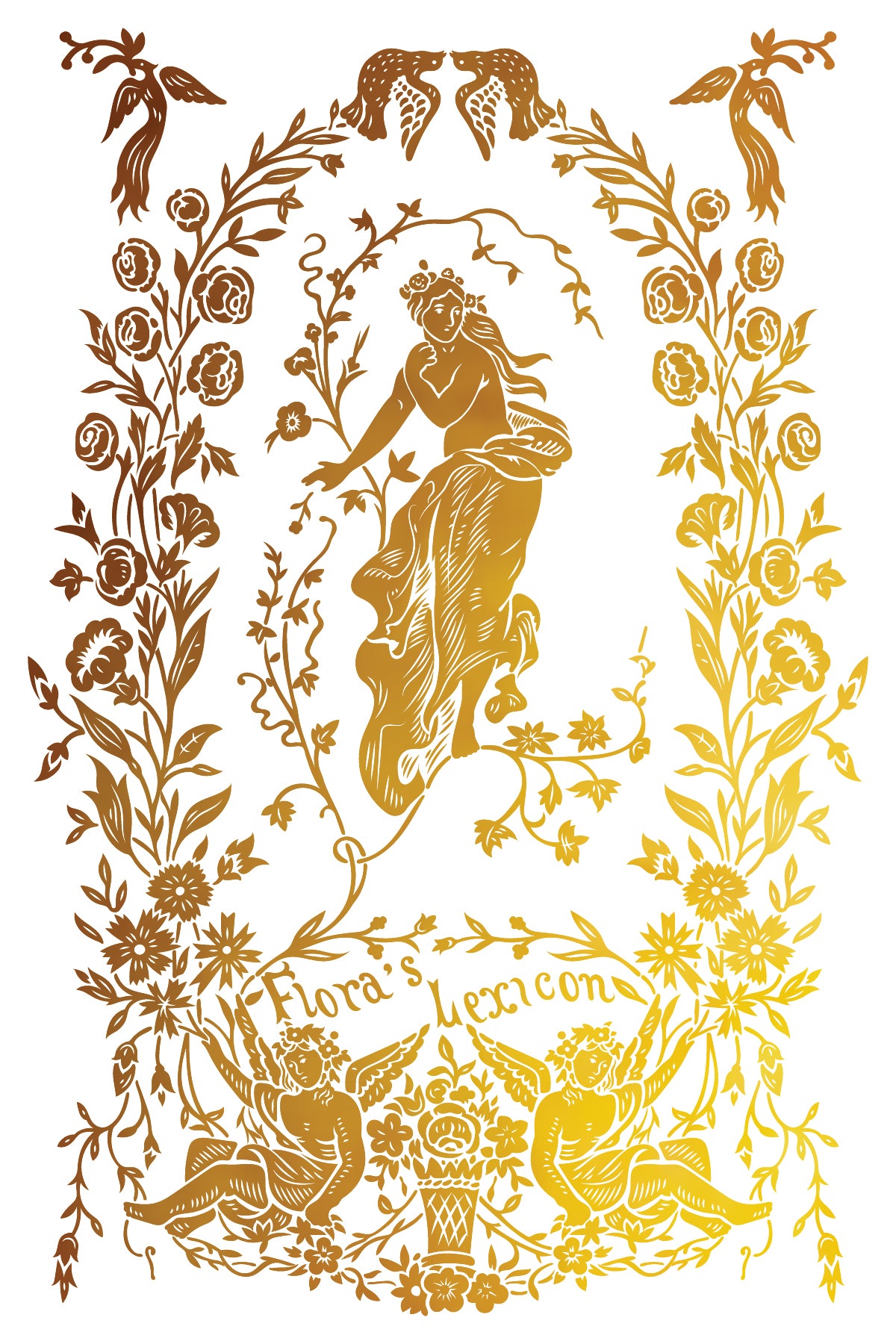Decorative design with a central figure surrounded by floral elements and text on a white background.