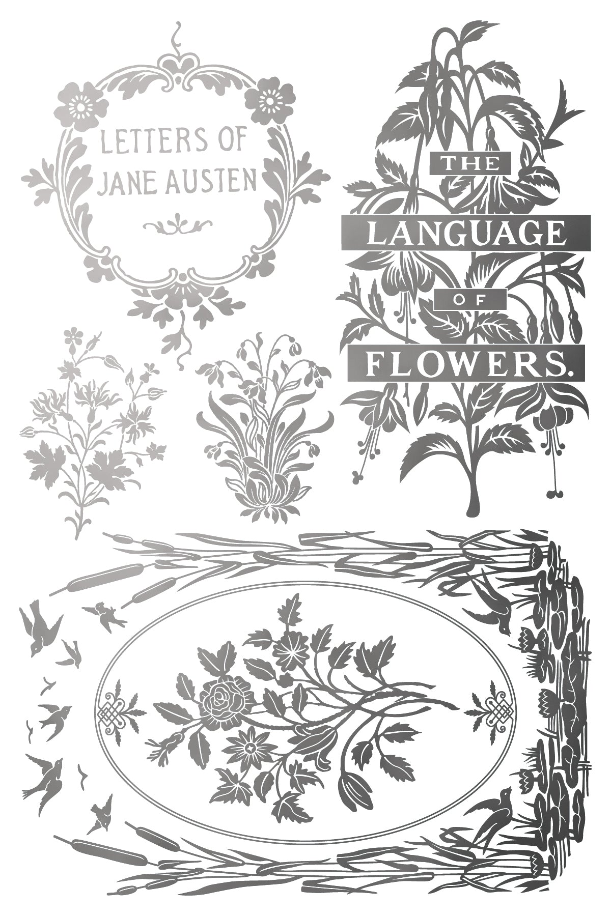 Decorative elements with floral designs and text inspired by Jane Austen's 'The Language of Flowers'.