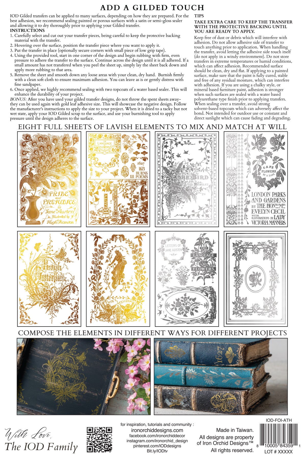 Product packaging with gold and silver designs, text instructions, and a sample application on books.