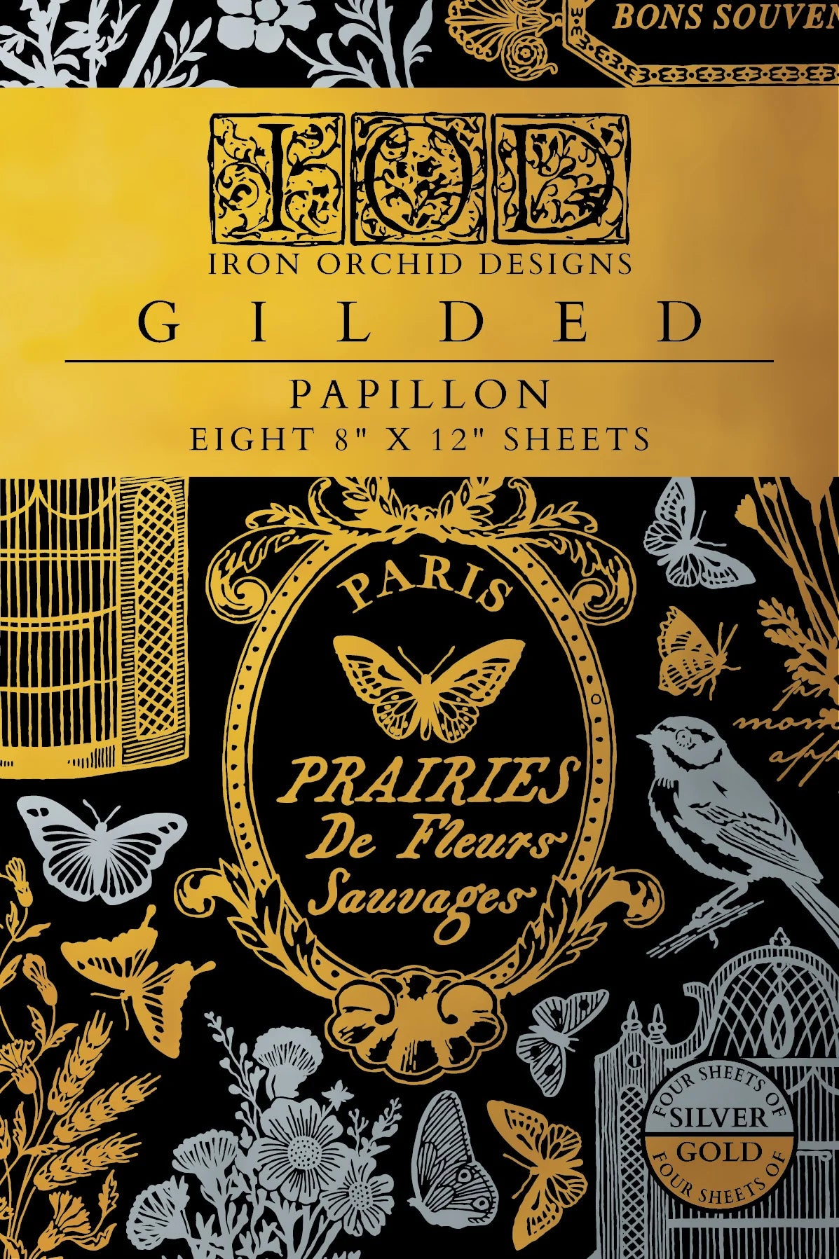 Gilded Papillon design with floral and butterfly patterns on a black background, featuring Iron Orchid Designs branding.