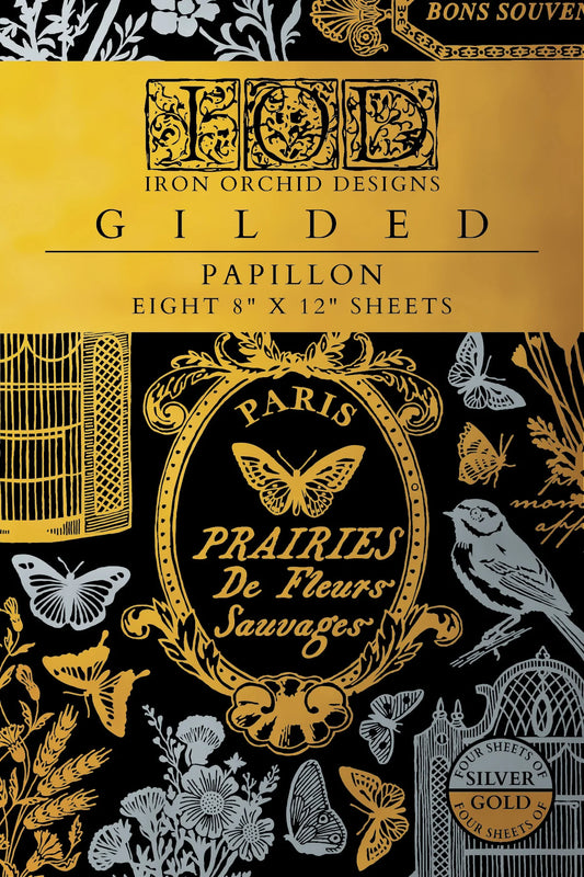 Gilded Papillon design with floral and butterfly patterns on a black background, featuring Iron Orchid Designs branding.