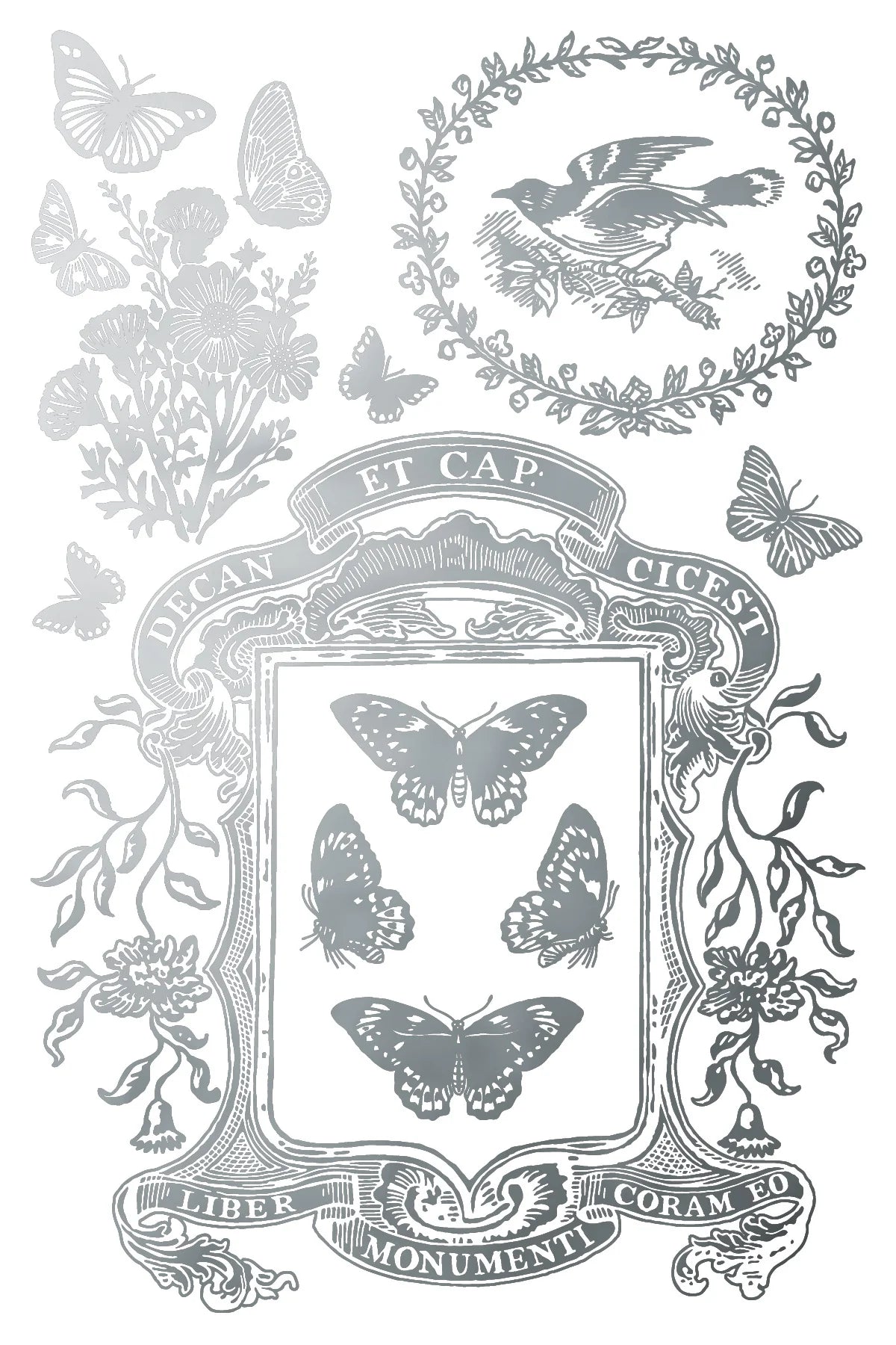 Decorative design with butterflies, flowers, and classical text in gray on a white background