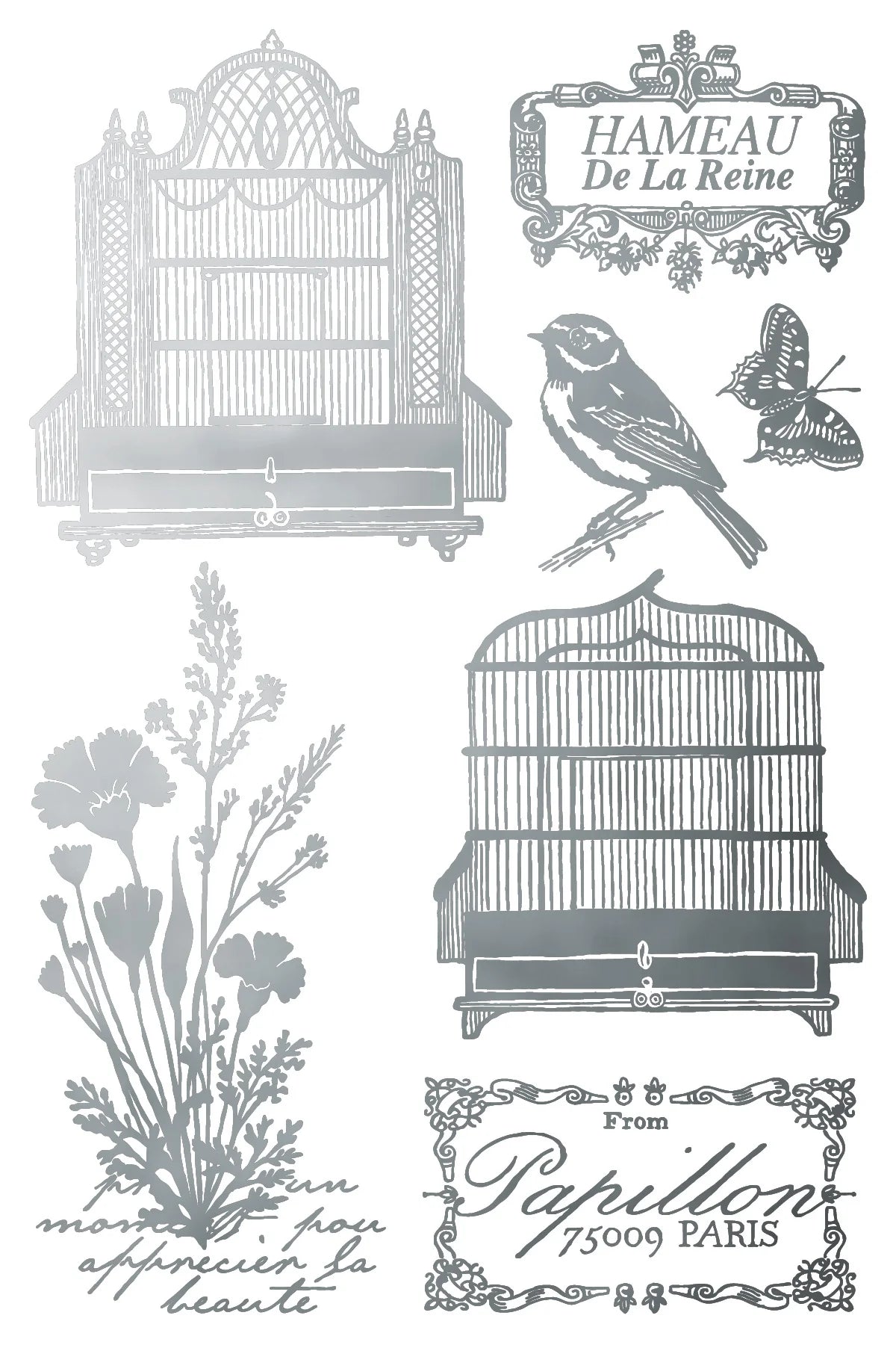 Decorative design with birdcages, birds, and floral elements on a white background.