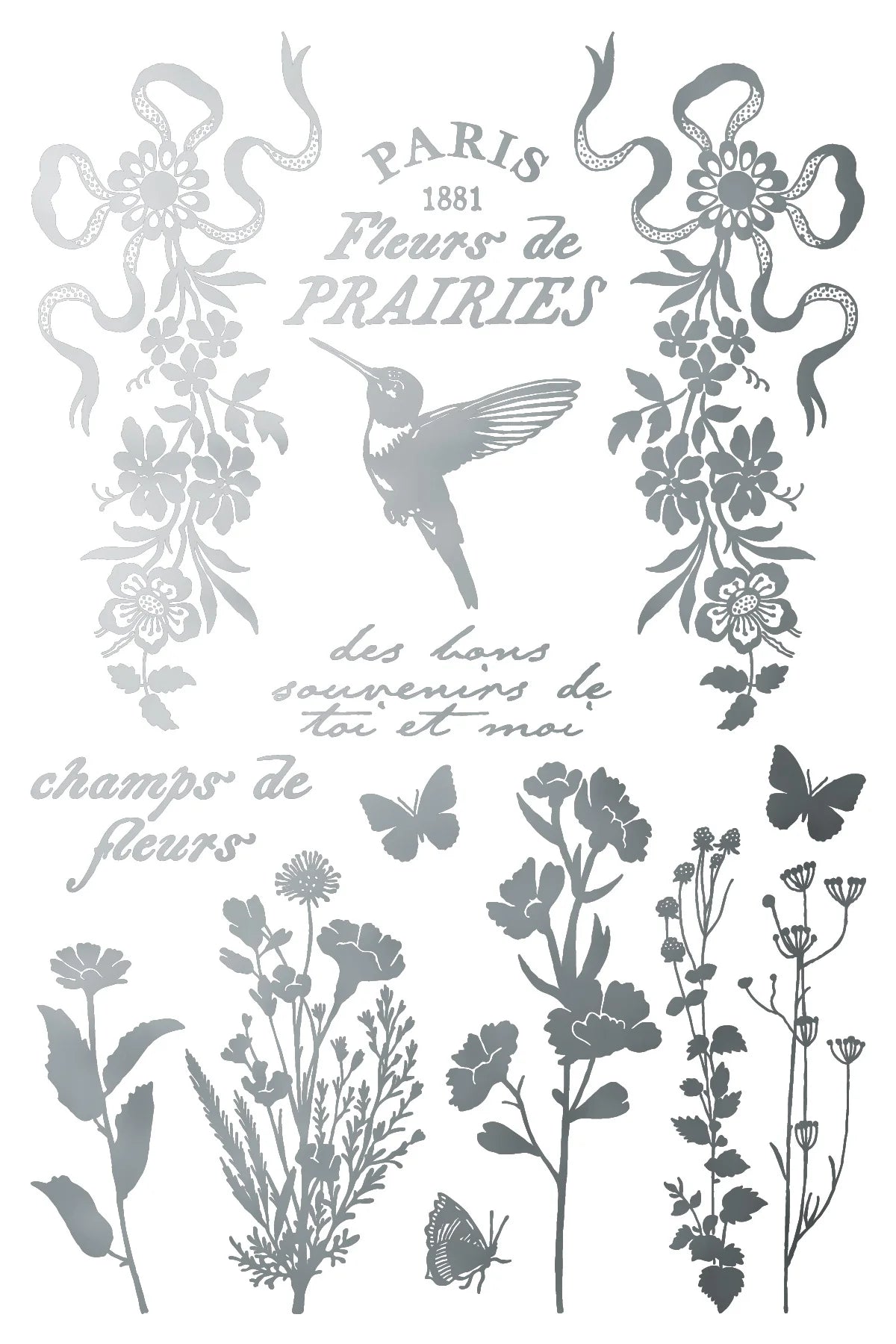 Decorative design with floral elements, a hummingbird, and text in gray on a white background.