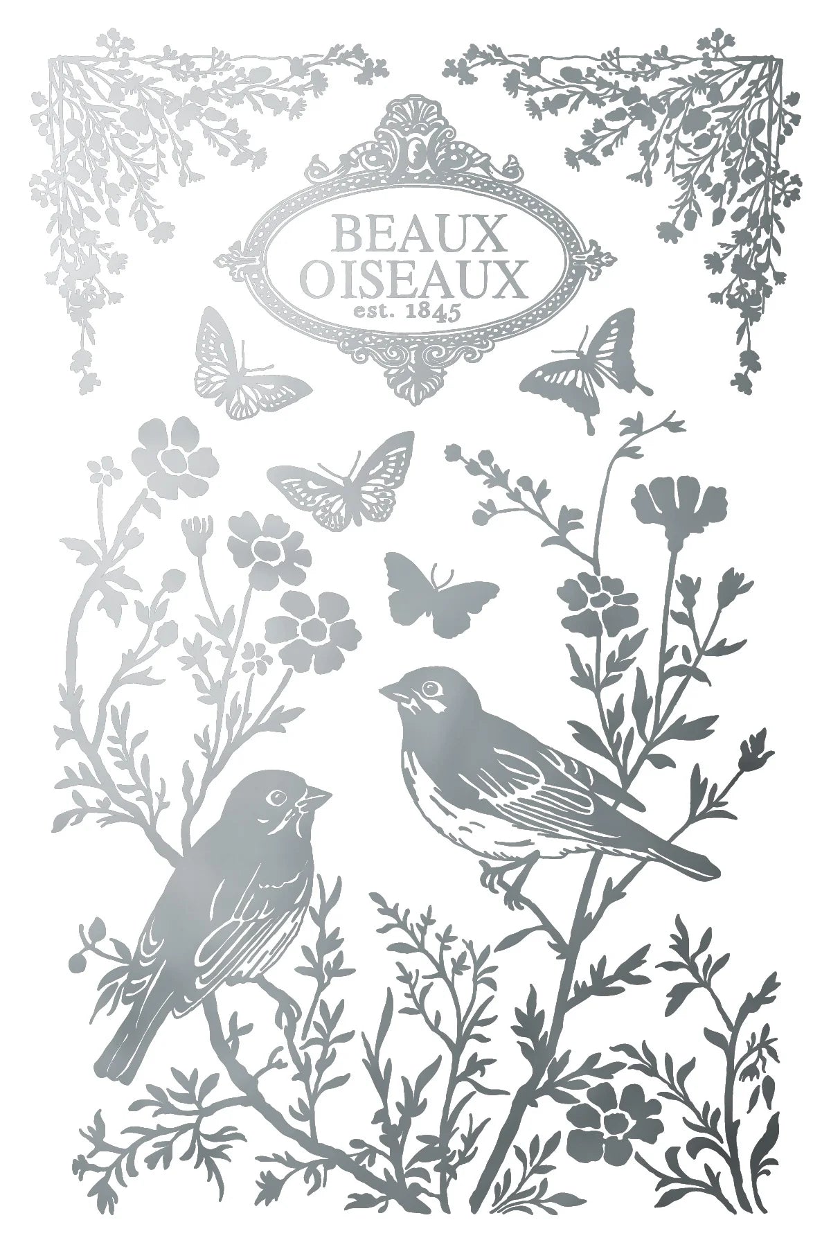 Decorative design with birds, flowers, and butterflies on a white background with 'Beaux Oiseaux' text.