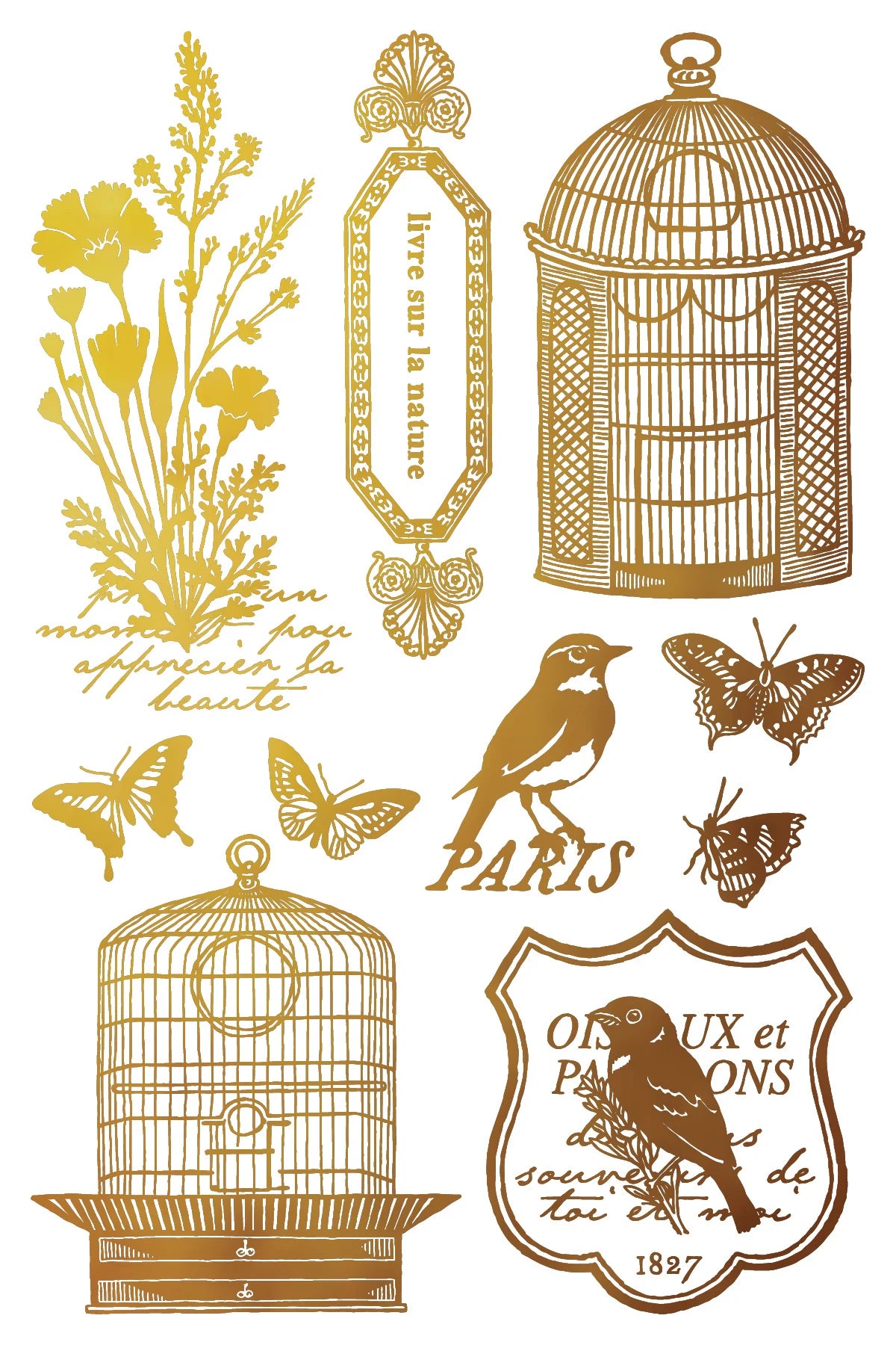 Decorative elements including birds, cages, butterflies, and text in gold and brown on a white background.