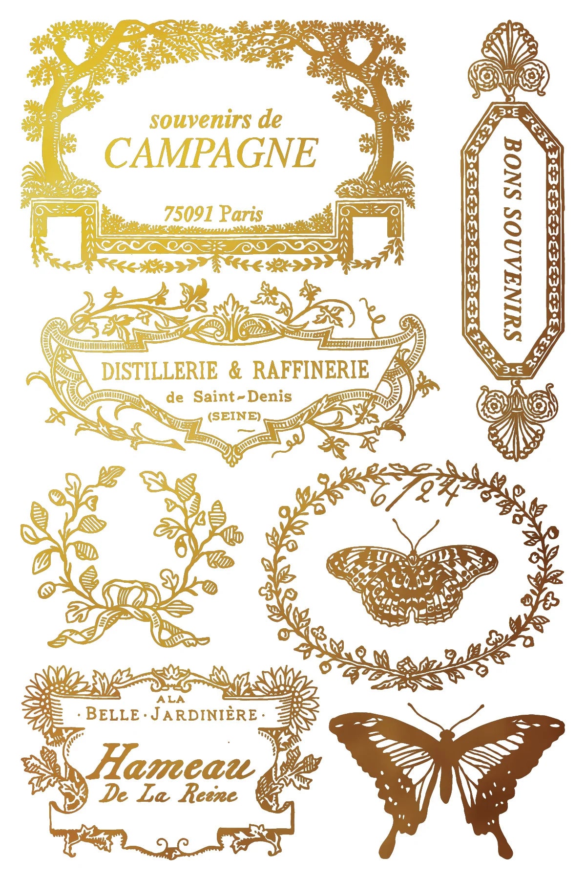 Collection of decorative vintage-style labels and designs with text and butterflies on a white background.