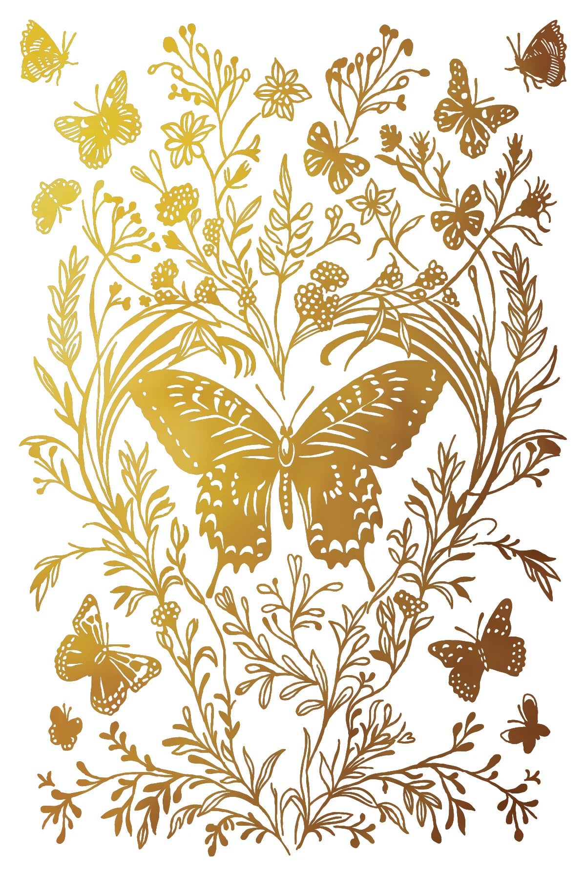 Decorative design with butterflies and foliage in gold and brown on a white background