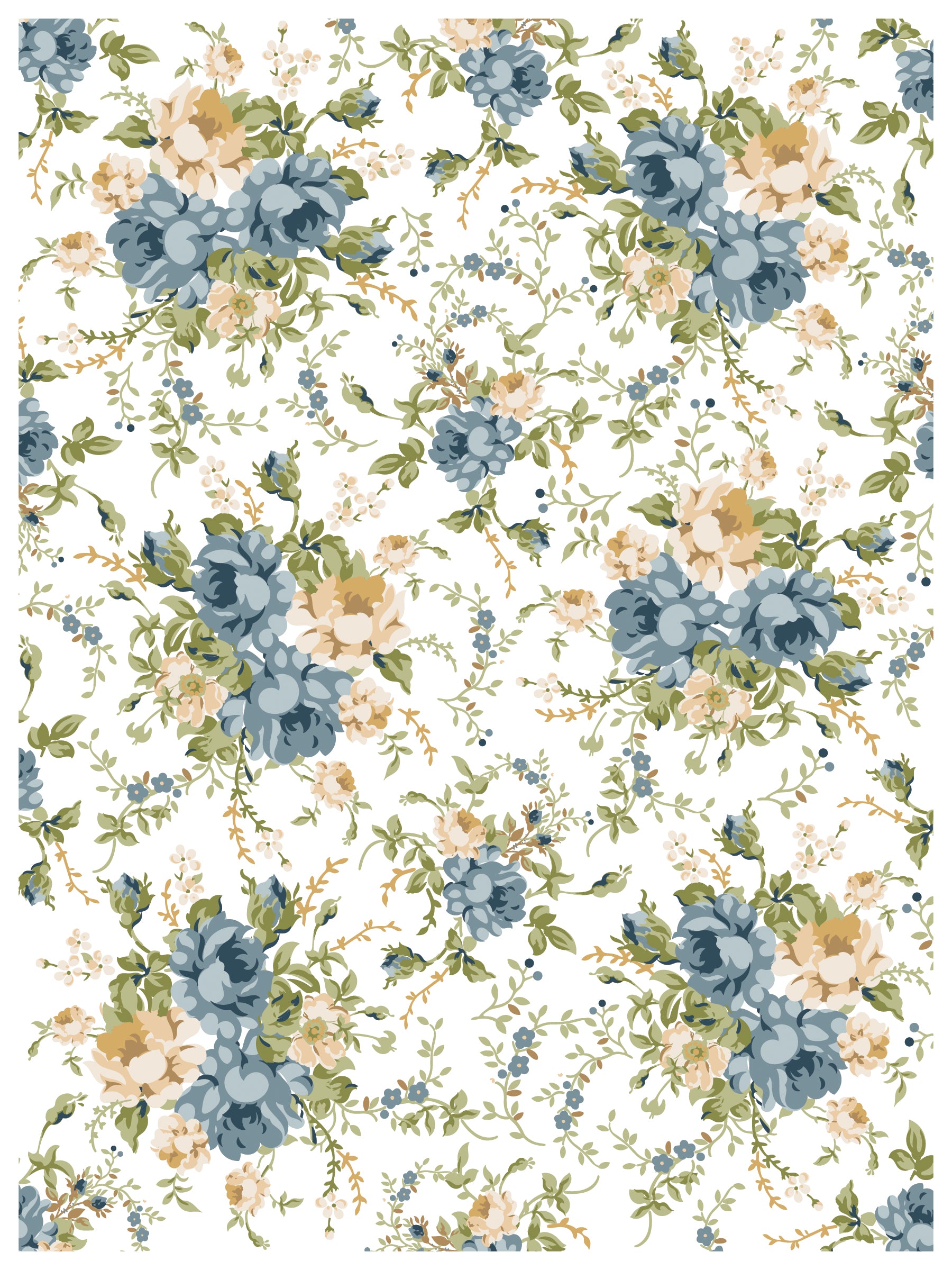 Floral pattern with blue and beige flowers on a white background