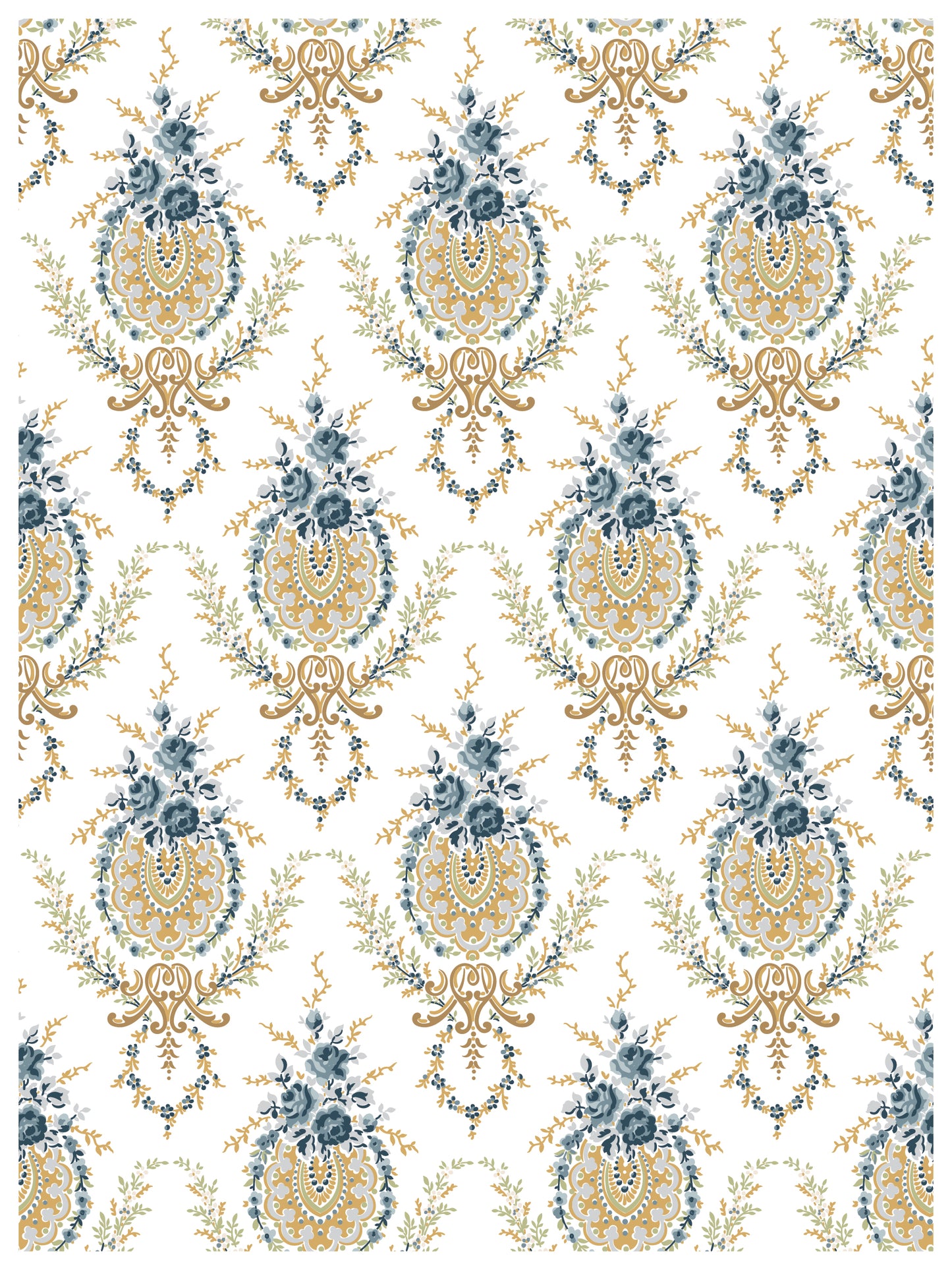 Decorative pattern with blue and gold elements on a white background