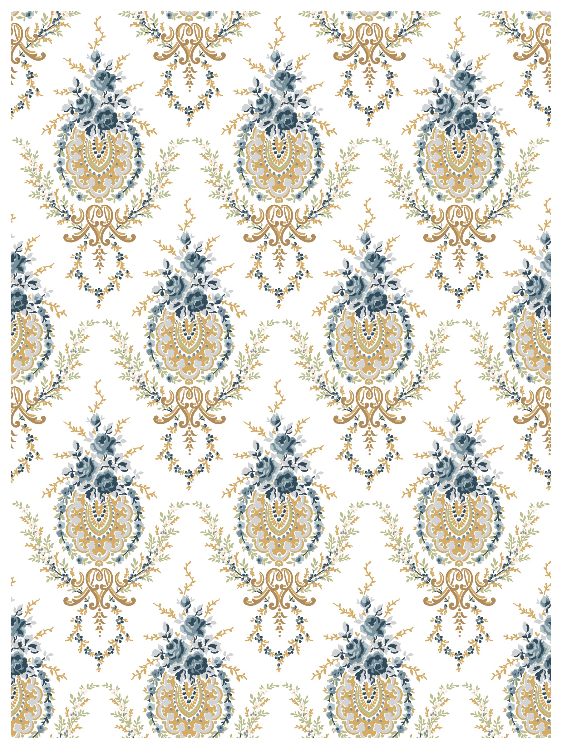Decorative pattern with blue and gold elements on a white background