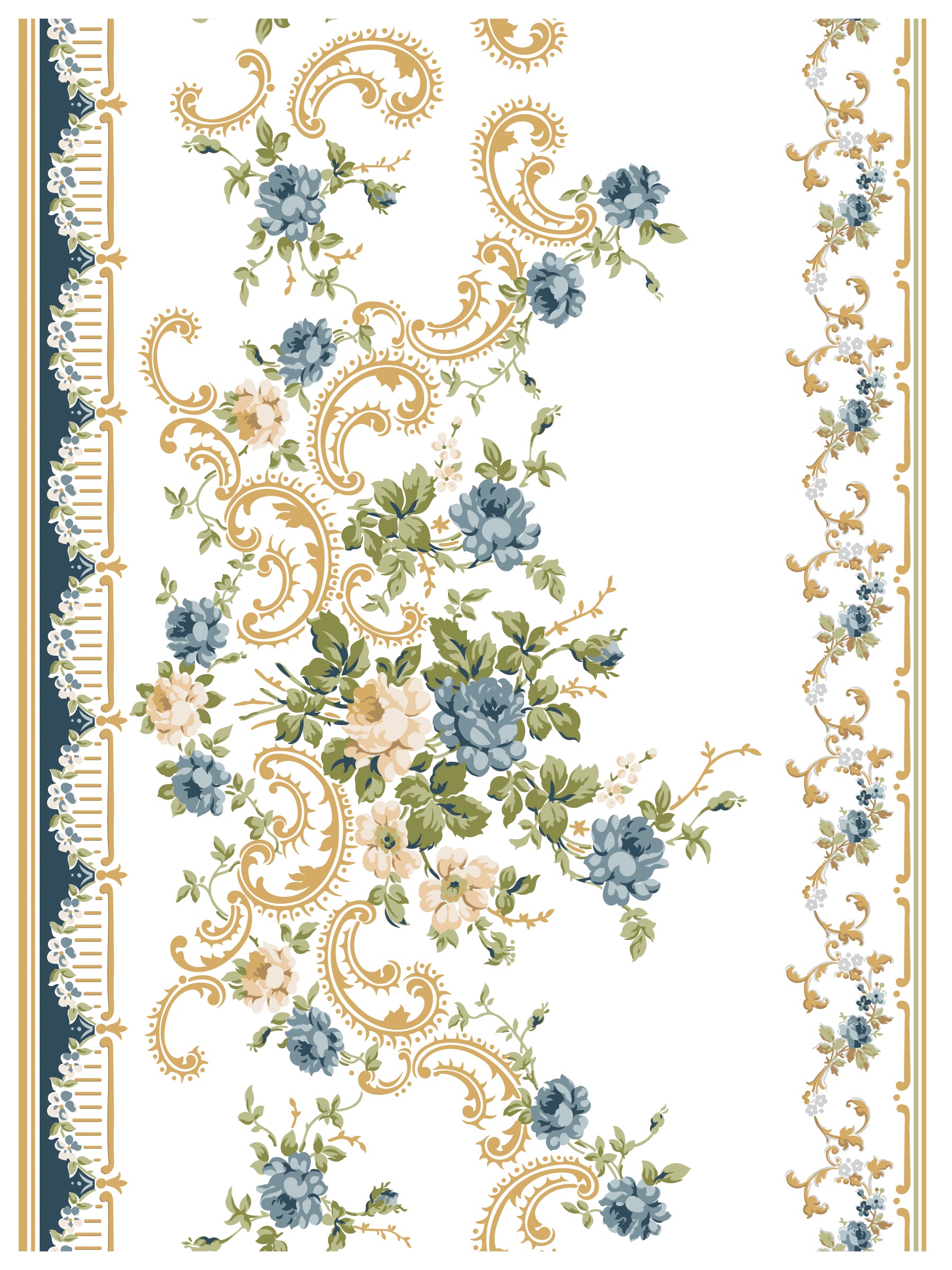 Decorative paper with floral and paisley design on a white background
